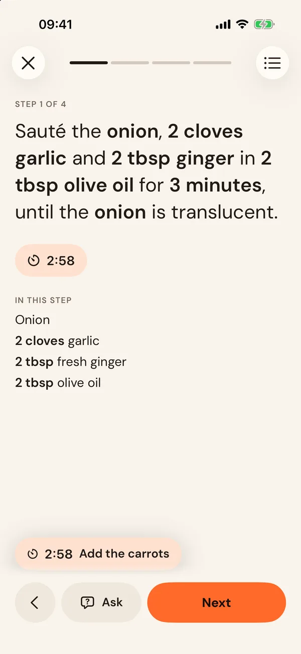 Cooking mode: one step in large type, with its timer and the amounts it uses