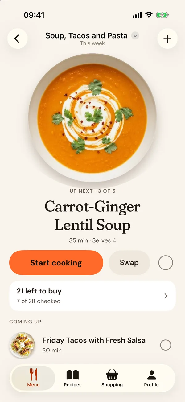 This week's menu: the next dinner as a plate, with Start cooking and what is left to buy