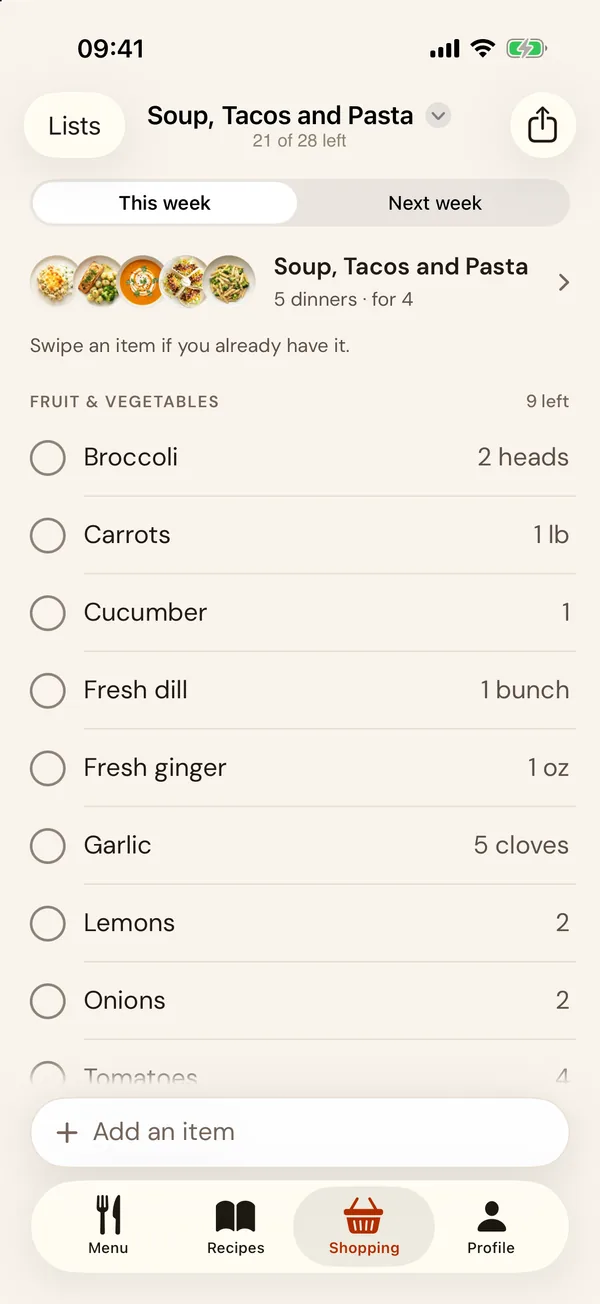 Shopping for This week or Next week, sorted by aisle, with other lists in Lists