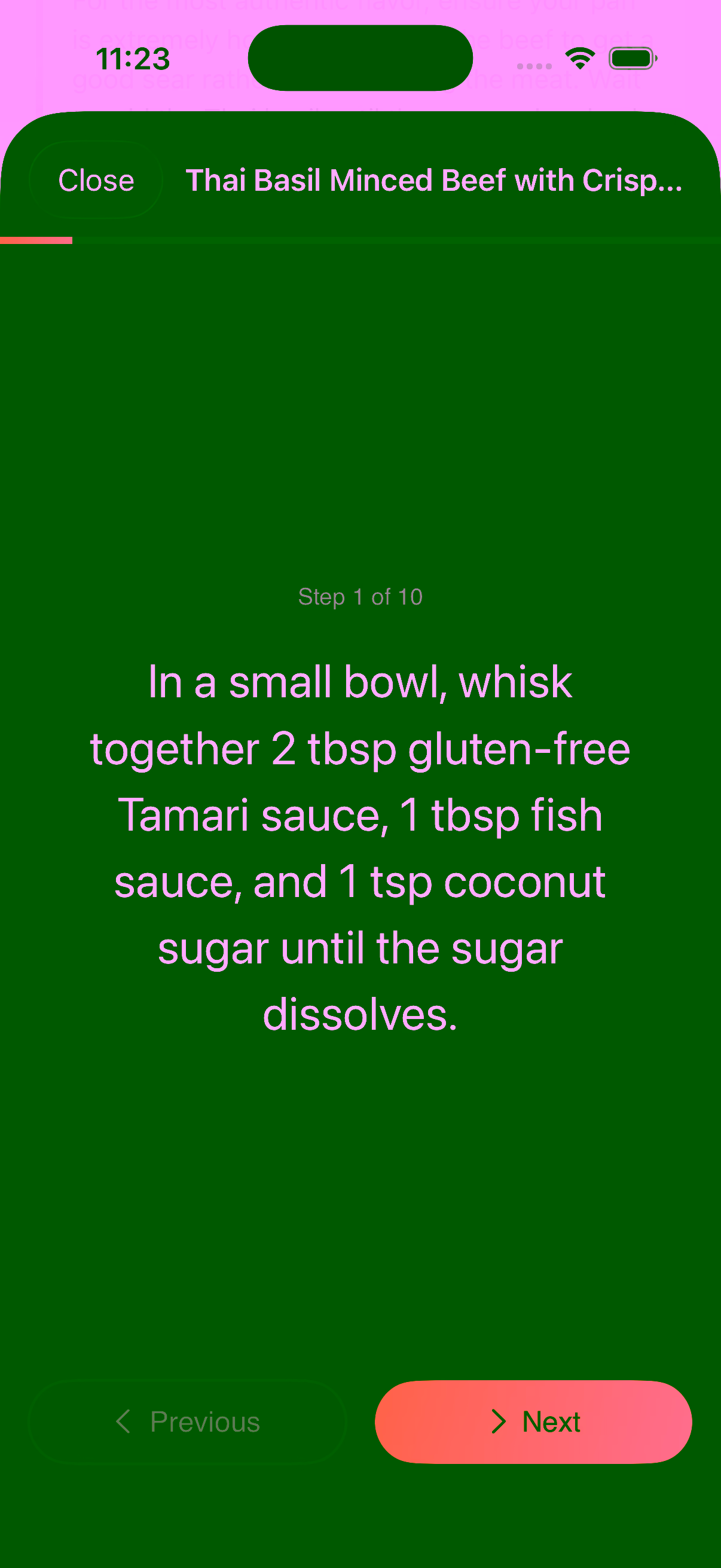 Hands-free cooking mode with large step instructions